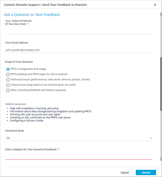 Contact Paessler Support / Send Your Feedback to Paessler Contact Paessler Support / Send Your Feedback to Paessler